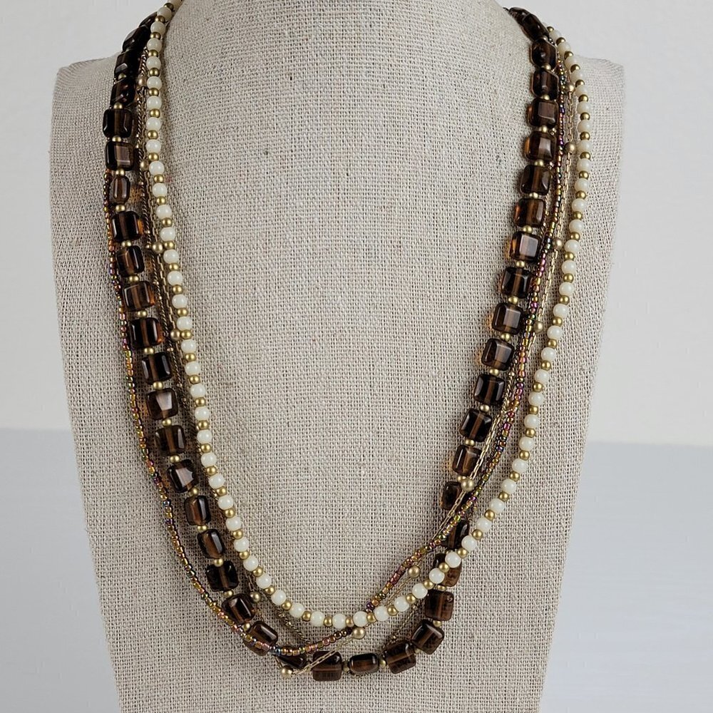 Premier Designs Gold Tone White Faux-Pearl Amber Glass Multi Strand Necklace 36"